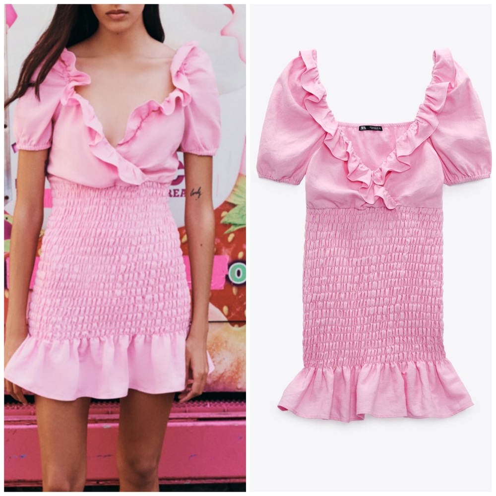 Zara linen blend mini dress pink ruffle NWT small